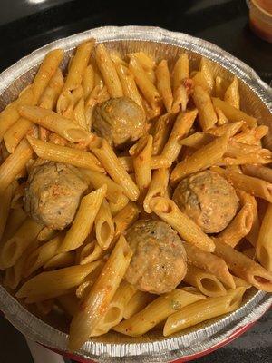 Penne Vodka with "Momma's" meatballs. $1 per meatball