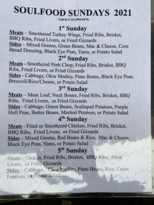 Soul Sunday menu  Menu changes every Sunday