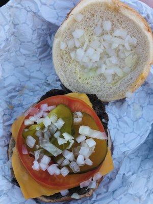 Cheeseburger with everything on it. I'm also going to add mayonnaise and mustard