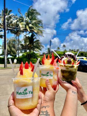 Lilikoi, guava, strawberry, matcha azuki shave ice