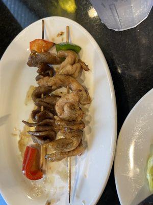 Chicken and beef on a skewer