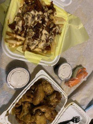 Honey BBQ Chicken Fries (ran out of Chipotle this day) and  15 pc Lemon Pepper wings for takeout during pandemic (January 2021)