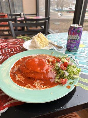 Red chili enchilada with coconut cake and my grape crush.