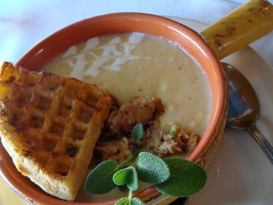 crab and corn chowder.  the waffle was great idea.