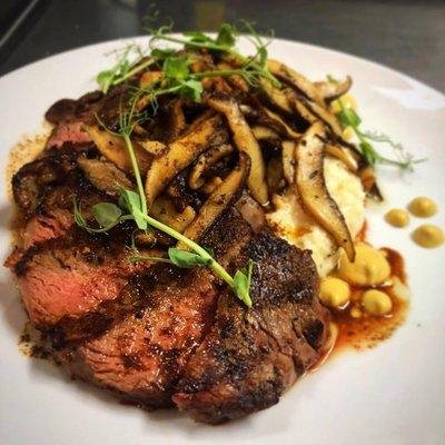 16oz 28day dry-aged ribeye, | creamy gruyère polenta | sautéed shiitake mushrooms. Image source from Instagram.