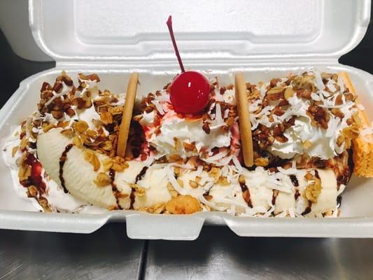 Banana split its a have it your way, you get to pick the ice cream flavors and the toppings!