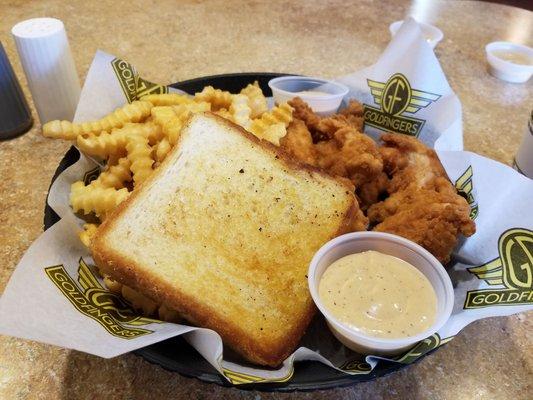 5 chicken finger basket with fries, toast, and special sauce