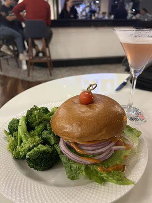 Rooster burger... it was tasty, grilled, with broccoli instead of fries!