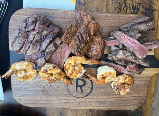 Flaming grill sampler board for 2.  Flavorful tender and cooked perfectly