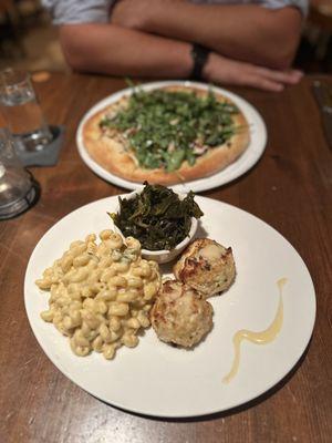 The Special of the Day: A white pizza with goat cheese and fig.  Crab Cakes with the Dirty Mac & Cheese and Smoked Collard Greens.