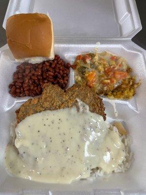 Chuck wagon rice and gravy ,field peas with snaps, mixed vegetable casserole