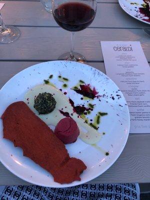 Local beets and Swiss chard prepared in an innovative and elegant way paired with an amazing Brunello.