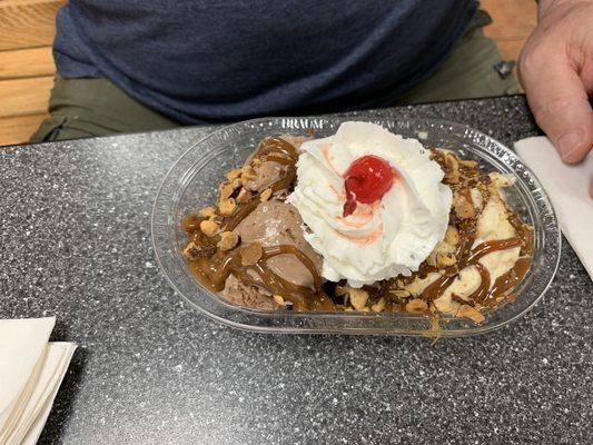 Caramel sundae with German chocolate and vanilla ice cream.