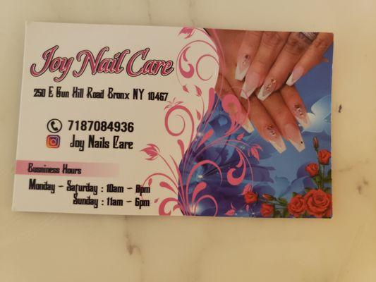 Their card , Joy Nail Care @ 250 E gun hill rd