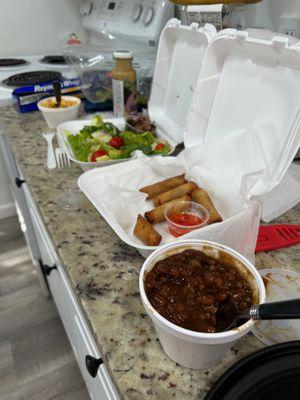 Mac & cheese (soul type), bbq salad, baked beans