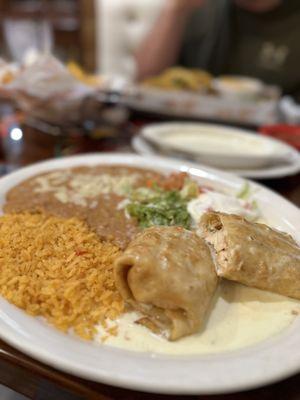 Chimichanga with shredded chicken.