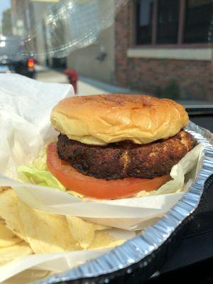 Faroe island (Archipelago in the Atlantic) salmon burger with chips