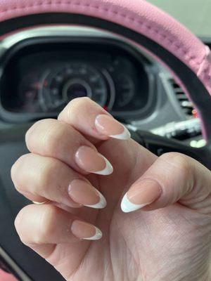 Nude French almond shape, took about 1 hour on a weekday morning, $60