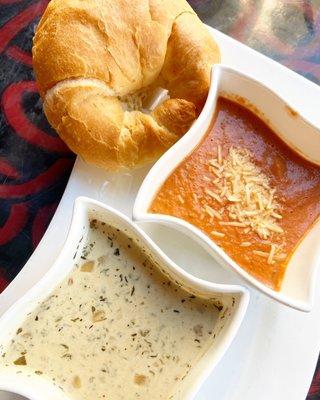 Cups of House Tomato Basil & Clam Chowder with side of Croissant (IG: @bon_appetiff).