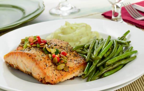 Cedar plank wild caught salmon with roasted green beans & whipped potatoes