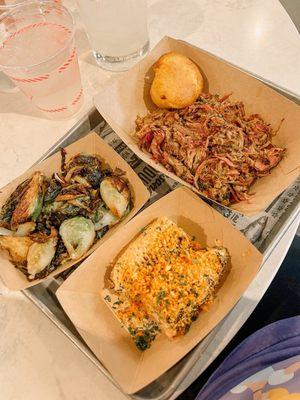 Pulled pork, street corn, brussel sprouts, jalapeño corn bread.