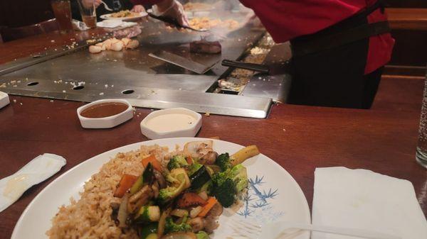 fried rice, grilled veggies, and grilled scallops.  Chef  Willy was entertaining us by making onion volcano.