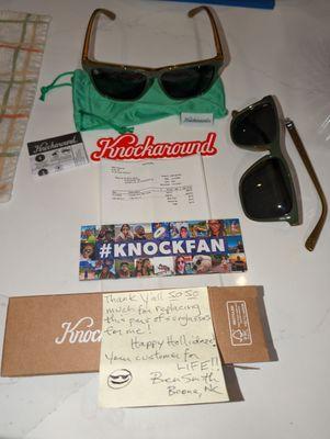 Knockaround sent me a pair to replace my favorite ones that I 'knocked' off the arm on! Great customer service!