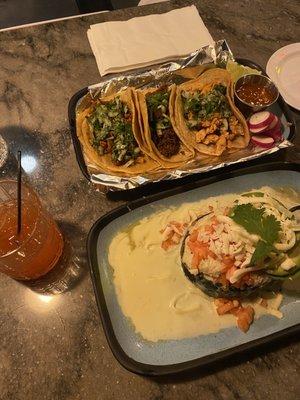 Tacos, al pastor, chorizo and pollo.  Mezcal cocktail and poblano relleno