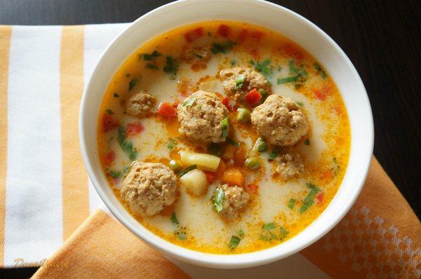 Meatball Soup - pork and rice meatballs, vegetables, tomato sauce