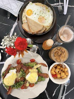 avoliciois benedict, baked eggs skillet, latte with oatmilk, s'mores latte