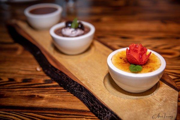 Trio Pudding: (Left) Butterscotch Pudding (Middle) Black Forest Chocolate Custard (Right) Vanilla Bean Creme Brulee