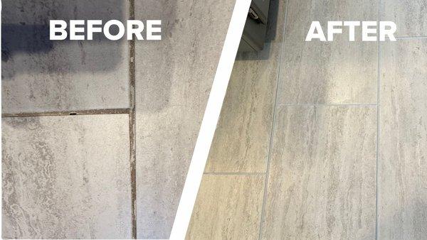 Before and after tile and grout cleaning with color seal.