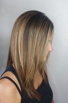 Highlights, Lowlights, and Long Layer Haircut blown out smooth by Holly