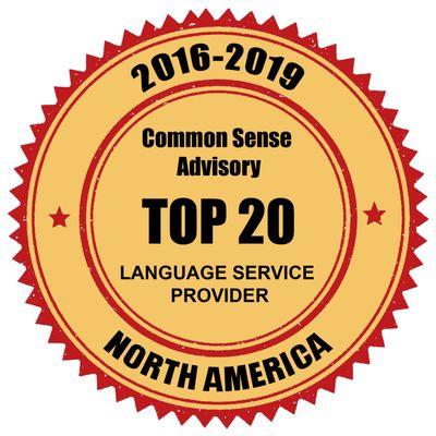 Common Sense Advisory Top 20 Language Service Provider Award Winner, 2016-2019