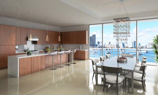 3D render of kitchen in highrise condo.