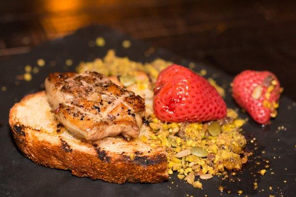 Foie Gras Toast : Toasted Bread, Fruit Compote, Roasted Seeds & Nuts. Excellent Foie Gras, pairing well with the sweets and seeds, recommend