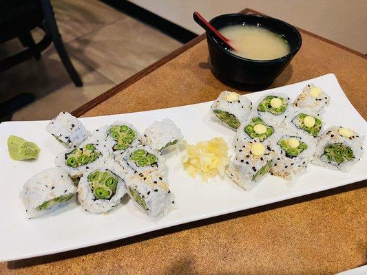 Green bean sushi and miso soup