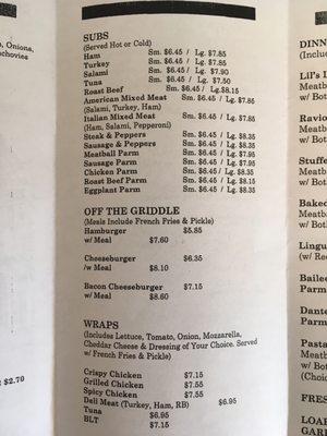 Menu-Subs, burgers, wraps