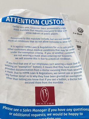 This bullshit....if you "can't" wear a mask you shouldn't be at a car dealership quite honestly.