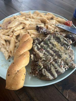 Ribeye Steak Pepper and Alfredo Pasta (half-eaten lol)