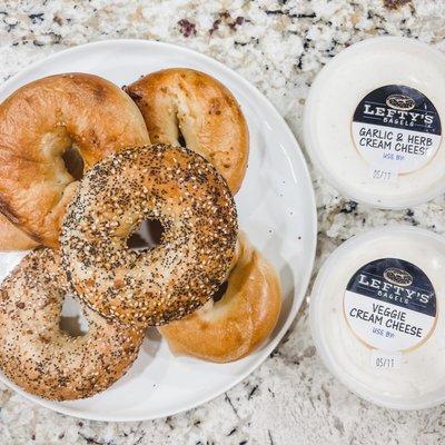 Plain, everything, and garlic bagels with veggie and garlic & herb cream cheese