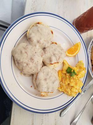 Boatswain biscuits and gravy, eggs scrambled