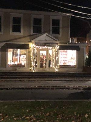 Westport Book Shop at night