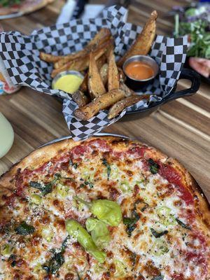 Margherita pizza (added pepperoncini) and the magic fries.