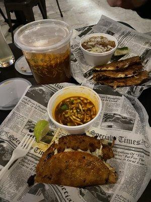 Birria tacos, Birria ramen, rice and beans.