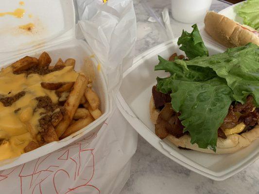 bacon cheeseburger and chili cheese fries