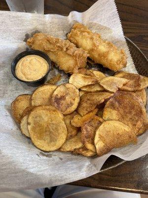 Fish & Chips. Well they obviously don't follow what the British version of a "chip" means but it was still very good.