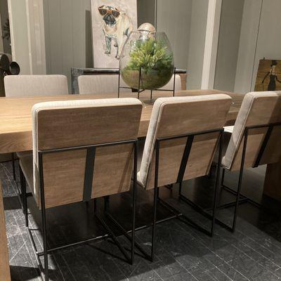 Modern Dining Chairs. Wood frame, upholstered seat, iron legs. Renditions Furniture Boise, Idaho