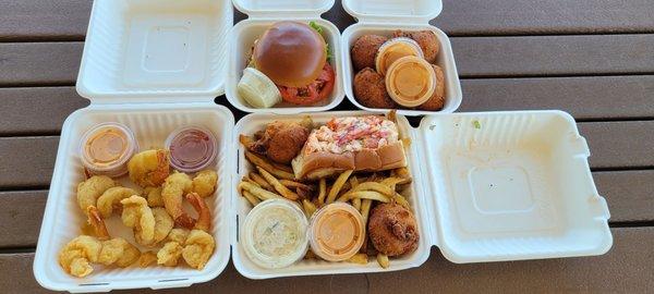 Wild fried shrimp, Lobster roll platter, Crab cake sandwhich, Hush crabbies.