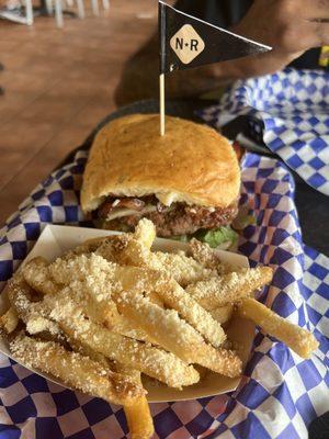 Bacon Jam Burger and Parmesan Truffle Fries